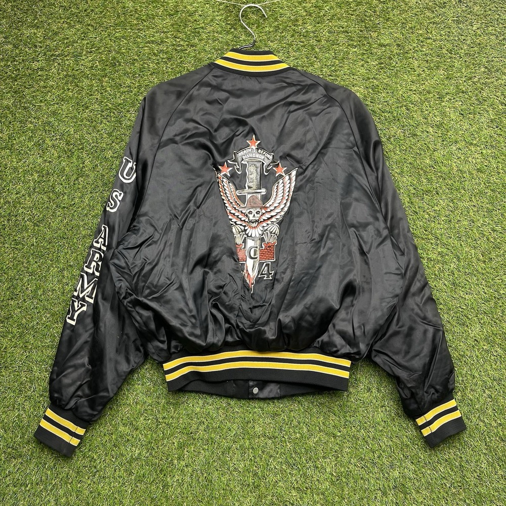 Vintage US Army Satin Jacket Mens Large Engineer Victory Through Skill Skull 90s
